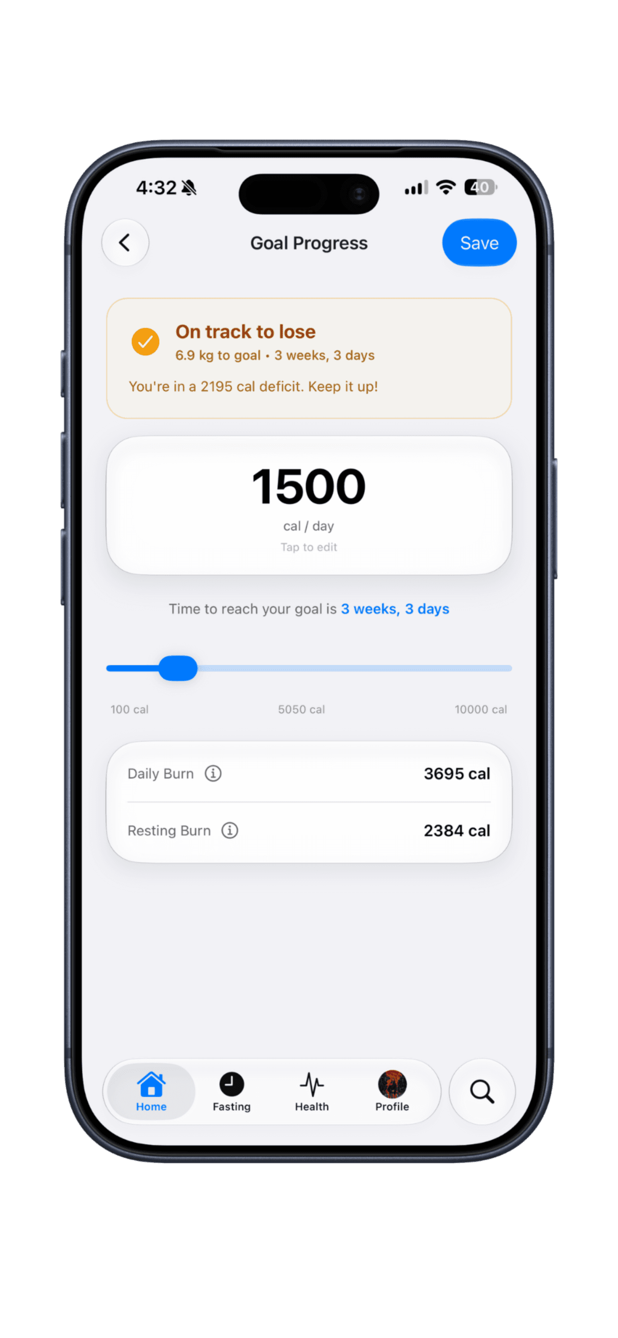 Custom Calorie Goals — Set your own daily targets and watch your progress in real time.