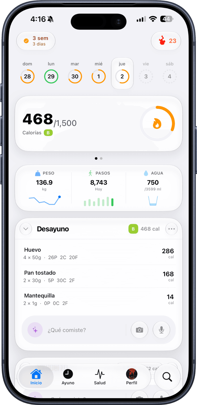Nutix app home screen on iPhone (es)